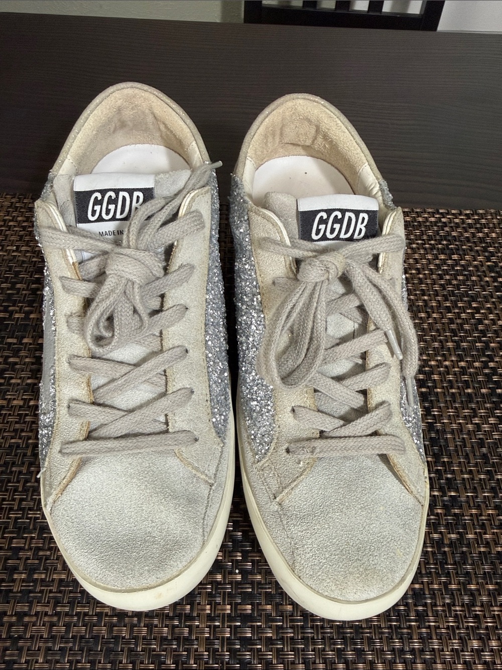 Golden Goose Super-Star Sneakers with Silver Glitter Heel and Beige Suede - Picture 4 of 12